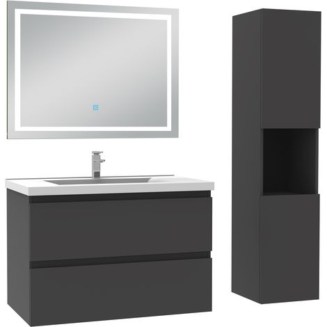 Ensemble meuble de salle de bain 80cm, vasque céramique + colonne haut + LED miroir mural, anthracite