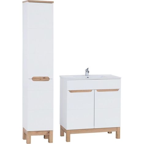 Badezimmer-Set ERMANO: Waschtischunterschrank 80cm + Einbauwaschbecken + Siphon + Hochschrank mit Wäschekorb