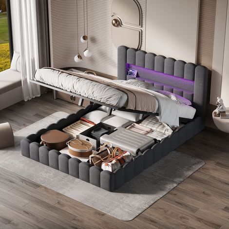 JOOKGBD-Polsterbett Bubble Bett 140x200 cm, Doppelbett mit Hydraulisch Stauraum, Stauraumbett mit USB und LED, Jugendbett mit bettkasten, Boxspringbett mit Lattenrost,Ohne Matratze,Grau