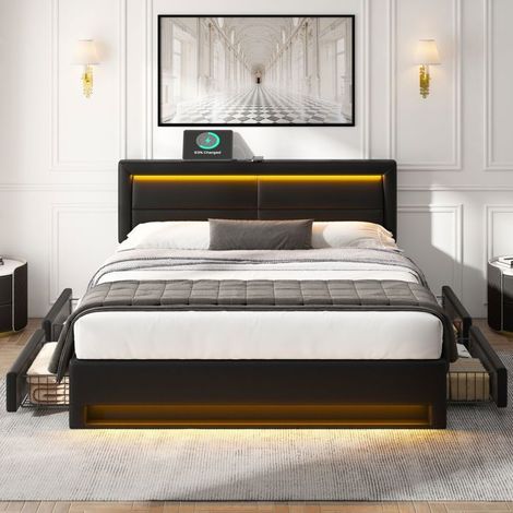 Lit rembourré - Gutent - 140 x 190 cm - Éclairage LED - Rangement - USB intégré (1/5)
