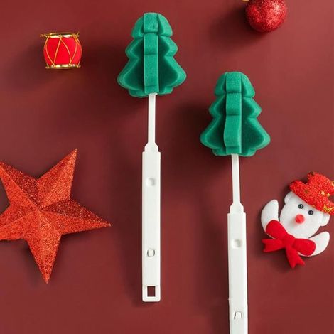 2pcsGoupillon à bouteille en éponge en forme de sapin de Noël avec long manche, brosse de nettoyage flexible pour bouteilles (1/4)