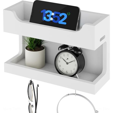 Organisateur de chevet mural en bois avec double étagère et crochets magnétiques, pour ranger téléphone portable et lunettes. (1/5)