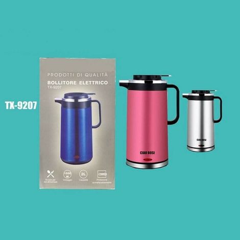 TRADE SHOP - Bollitore Elettrico Capacità 2 Litri Cordless Acqua Ufficio Viaggi Tx-9207 -