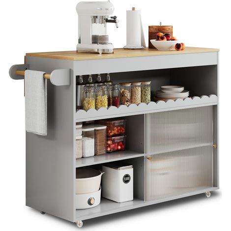 Îlot de cuisine pliable gris avec plateau rabattable, portes coulissantes en verre trempé, étagères réglables, porte-serviettes et roulettes freinées - CHICFURN (1/5)