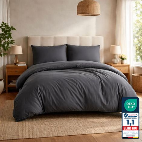 Housse de Couette 3 pièces Super Douce 200x200 cm + 2 taies d'oreiller 40x80 cm, 100% Microfibre brossée, Anthracite (1/5)