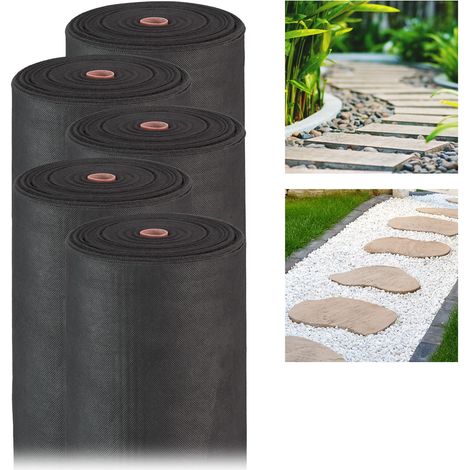 Relaxdays 5x Weed Control Fabric, 50 g/m², Ground Protection Cover, Water-permeable, UV-resistant, Soil Carpet, Black