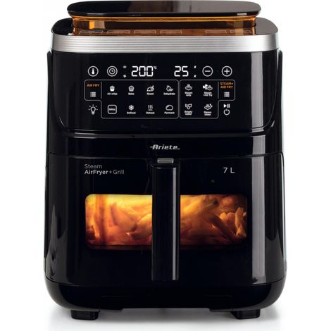 Ariete 4636 Freidora de aire con función vapor Grill, 1700W, Función secado, 10 funciones de cocción, Cesta transparente, Temporizador, Luz interior, Negro