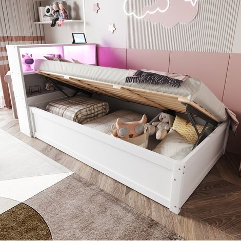 Letto singolo multifunzione moderno in legno bianco 90x200 cm con testiera LED, presa integrata e vano contenitore (1/5)
