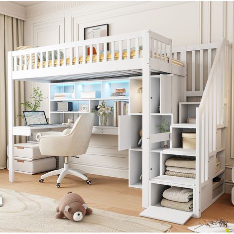 Letto a soppalco in legno di pino e MDF bianco 90x200 cm con scrivania, scala contenitore e LED (1/5)