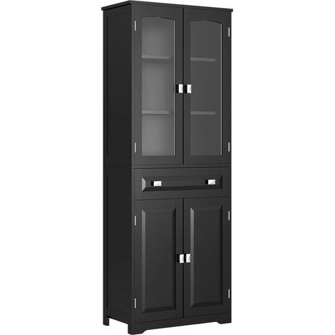 Buffet haut de cuisine 4 portes, dont 2 vitrées, 1 tiroir, hauteur 160 cm, étagères en bois, noir (1/5)