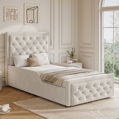 Lit rembourré simple 90 x 200cm hydraulique cadre lattes, tête de lit velours beige avec grand espace de rangement