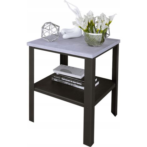 Mesita de noche atornillada con estante, ideal para dormitorio tipo loft, 40x40x45 cm, color negro y hormigón claro. (1/4)