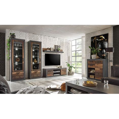 Wohnwand Set im Industrial-Design BERLIN-61 in Old Mix Dekor mit Matera grau, 2 Vitrinen inkl. LED, Kommode und TV-Lowboard, B/H/T ca.: 435/201/43 cm (1/5)