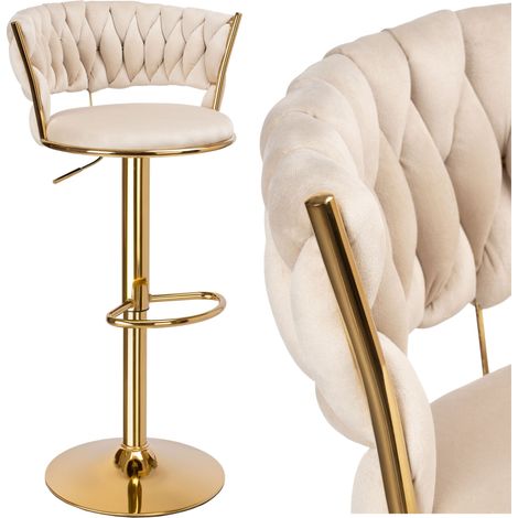 Tabouret de bar Tresso en velours beige doré (1/5)