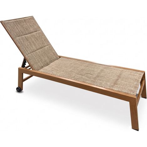 Marvin Lettino Prendisole STRETCH in Alluminio con Schienale Reclinabile 5 Posizioni, Textilene Imbottito, 2 Ruote per Esterno, Giardino, Terrazza Effetto Legno/Tortora (1/4)