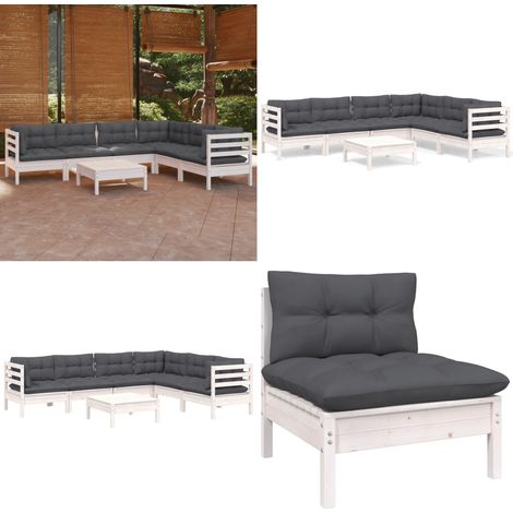 7-tlg. Garten-Lounge-Set mit Kissen Weiß Kiefer Massivholz - Garten Lounge Set - Kiefernholzmöbel - Outdoor Möbel - Gartengeräte - Terrasse Dekoration - Home & Living