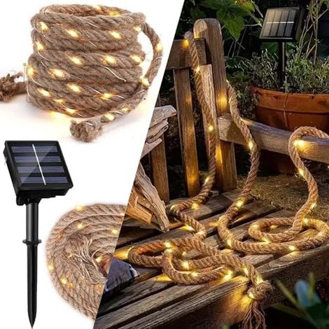 Guirlande lumineuse solaire en corde, corde solaire de 5 m avec 60 LED, guirlande lumineuse en chanvre étanche pour l'extérieur, guirlande lumineuse solaire pour jardin, balcon (1/5)