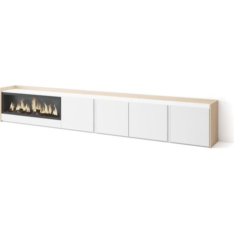 Skraut Home - Mueble TV, Televisión, Muebles de salón, almacenaje, 315x35x50cm, Para TV hasta 80", Chimenea eléctrica XXL, Estilo Moderno, Blanco y roble soft (1/5)