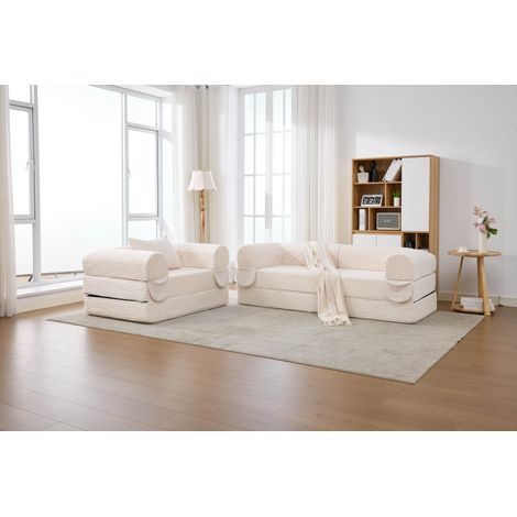 Ensemble de canapés en velours côtelé, canapé 1 place + canapé 2 places, modèle compressé – Dimensions : 190 x 78 x 65 cm + 120 x 85 x 60 cm (1/5)