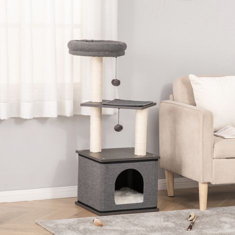 Tiragraffi per gatti PawHut, giocattolo per gatti, albero da arrampicata, diverse opzioni di gioco, corda di sisal, piastra in PB, sisal, grigio scuro, 40 x 40 x 104 cm