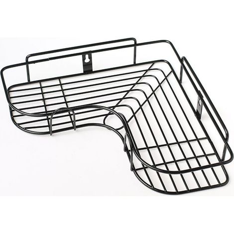 Étagère d'angle triangulaire en fer forgé noir pour salle de bain, sans perçage, comprend 2 feuilles adhésives et un crochet simple, rangement d'angle pour toilettes, aucun perçage nécessaire (1/5)