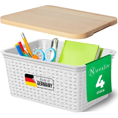 Novaliv lot de 4 paniers de rangement élégants avec couvercles en bois aspect rotin Plastique alimentaire blanc 5L pour le bureau et la maison