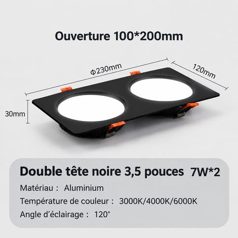 Spot LED encastrable double tête noir 7W2 ultra-plat 3 cm 3000K 7w noir 3000k 500 g – Livraison gratuite