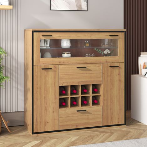 meuble rangement buffet vin 110 cm portes LED naturel HAVRYA (1/5)