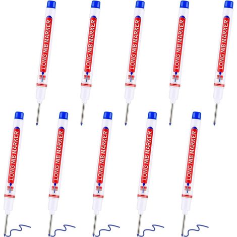 10 marcadores azules para agujeros profundos de 20 mm con punta fina, marcador para agujeros profundos de 15 cm, fieltro de marcado metálico para madera, plástico, paredes, cartón, marcadores para agu