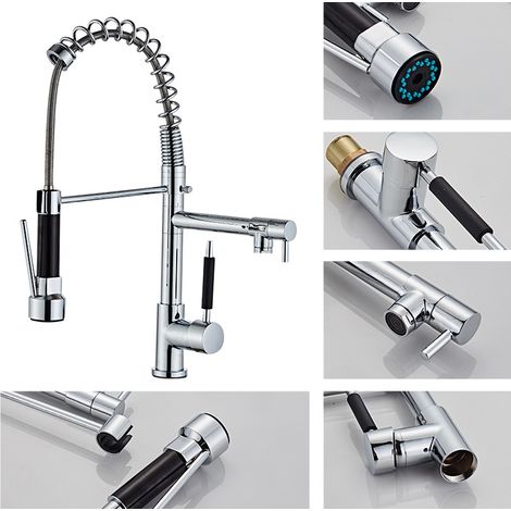 Kitchen Faucet with 2 Jets Single Lever Mixer Tap Double Function Sprayer 360° Swivel Cold & Hot Faucet Available, Chromed Brass (1/5)