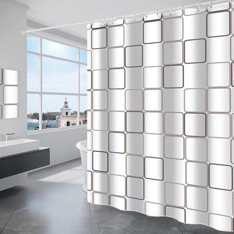 Rideau de douche imperméable en polyester, lavable en machine, avec 12 crochets, 180 x 180 cm, blanc à carreaux (1/5)