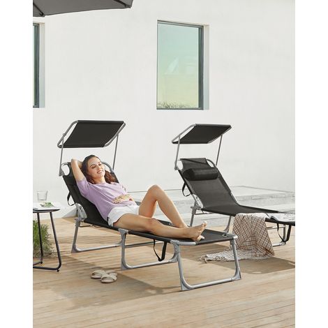 Transat, Lot de 2, Chaise Longue Pliable, Bain de soleil, 193 x 53 x 29 cm, Capacité de Charge 150 kg, avec Appuie-tête, Pare-soleil et Dossier Réglable, Noir (1/5)
