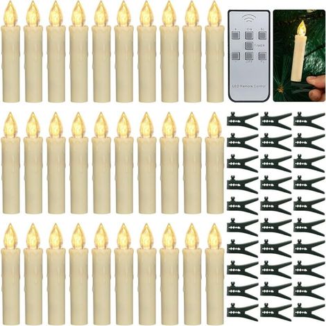 Bougies de sapin de Noël, 30 pièces Bougies d LED Bougies coniques à piles sans flamme avec minuterie à distance/Clips amovibles/Anneaux étanches pour décor d'arbres de Noël à la maison (1/5)