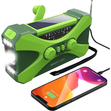 Radio d'urgence 10000mAh à manivelle avec lampe torche, recharge USB multifonction, couleur verte (1/5)