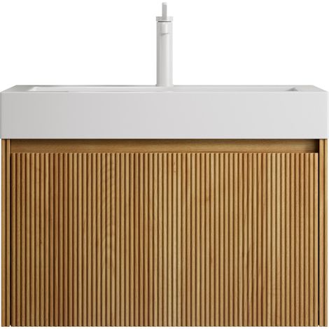 Meuble vasque mural 70 cm avec plan vasque intégré en résine blanche et meuble en contreplaqué à rayures, finition bois naturel (1/5)