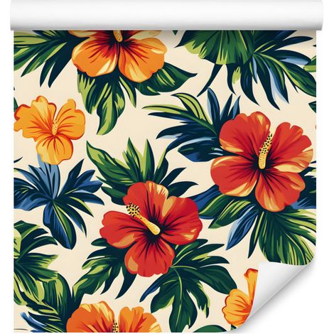 Papel pintado Tropical Hibiscus Cream and Sea para salón y dormitorio, 50x1000 cm (1/5)