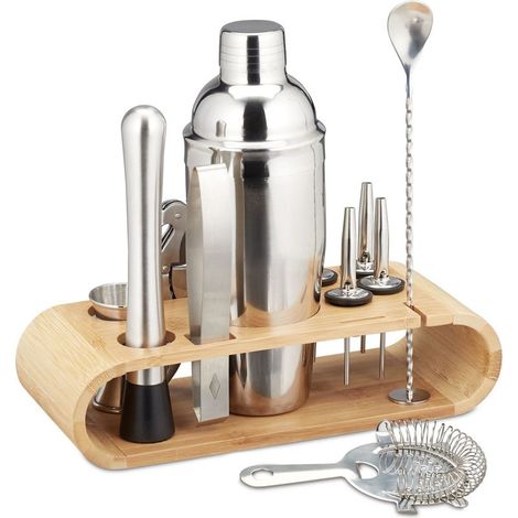 Lot à cocktail, set de bar pro à 11 pièces, support, shaker, doseur, bec verseur, pinces à glaons, acier inox (1/5)