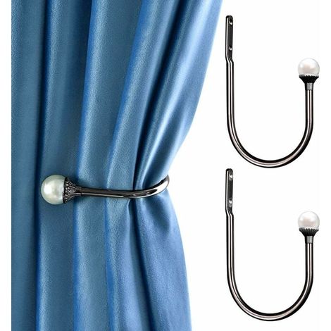 Set of 2 U-shaped curtain tiebacks - Decorative wall-mounted hooks - With screws - Black (1/5)