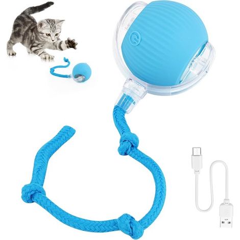 Juguete interactivo inteligente para mascotas OIMG, 4 modos, Gato interactivo automático de 360°, con luz LED, Recargable por USB, con cola, Azul (1/5)
