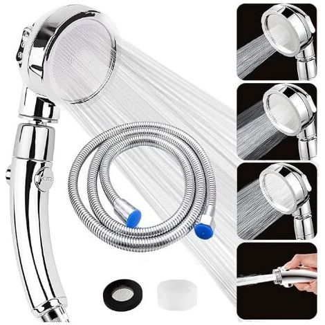 Duschkopf, Anti-Kalk-Duschkopf mit 2 m Schlauch und 3 Modi, universeller Badezimmer-Duschkopf, wassersparend, Hochdruck-Duschkopf mit Umschaltknopf, Chrom (1/5)