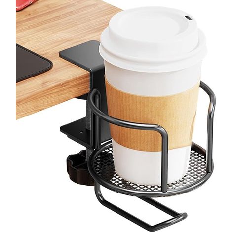 Soporte para bebidas de escritorio y mesa - Protector antiderrame 2 en 1 con clip - Soporte para auriculares - Instalación segura sin taladrar (Negro) (1/4)