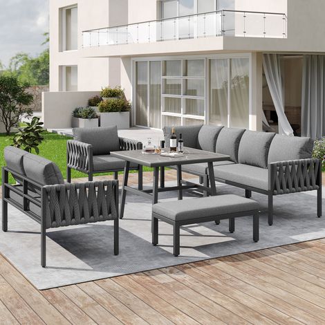 5-teiliges Gartenmöbelset aus Metall und Polyester in Grau mit Ecksofa, Seilgeflecht, Sitzkissen und Tisch mit Glasplatte (1/5)