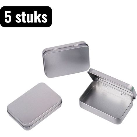 Set of 5 rectangular silver metal storage boxes for herbs, tea bags, keys, and small items (1/4)