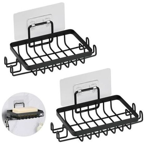 Pièces INOX Porte Savon Douche sans Perçage, Auto-Adhésif Porte Savon Mural avec Crochets et Économiseur de Savon, Support Savon Mural pour Salle de Bain et Cuisine (Noir) (1/5)