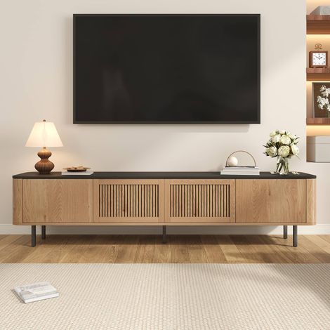Meuble TV bas 190 cm, 4 portes ajourées et passe-câbles, MDF et métal, salon moderne, naturel (1/5)