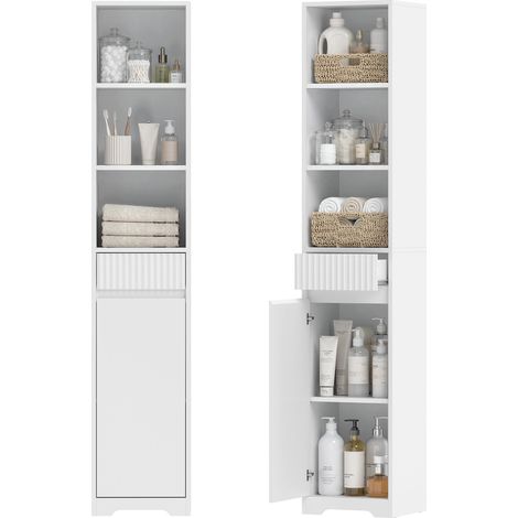 Meuble de salle de bain haut, meuble de rangement avec porte, tiroir, compartiments ouverts, étagère réglable, blanc (1/5)