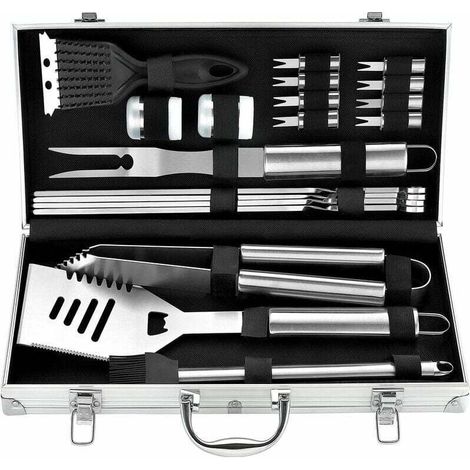Ensemble d'outils pour barbecue - Ensemble de 20 outils en acier inoxydable avec boîte de rangement en aluminium - Convient pour le camping, les voyages et le jardinage - Un cadeau pour hommes et femm (1/4)