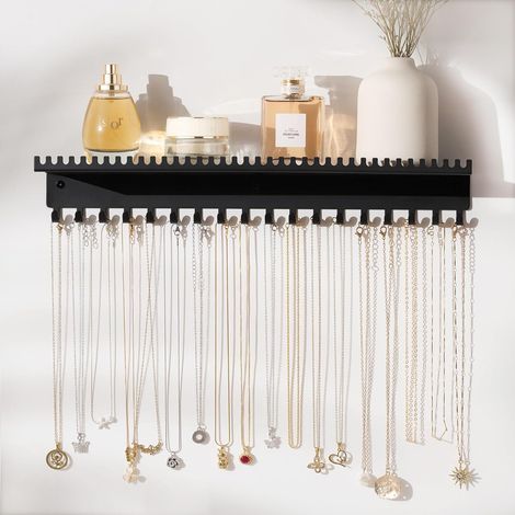 Porte-colliers mural : étagère à bijoux murale avec 56 crochets et plateau, présentoir pour enfants, filles et femmes, noir et métal (1/5)