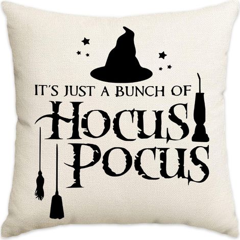 Lot de 2 housses de coussin décoratives d'Halloween, motif chapeau de sorcière, étoile, balai et chandelier, taies d'oreiller noires style lin, décoration gothique pour la maison (1/5)