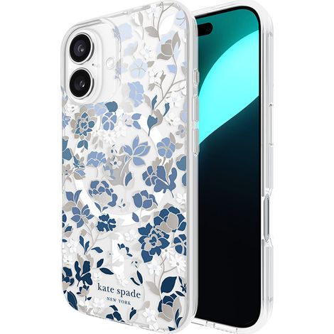 Custodia protettiva MagSafe con gemme di Kate Spade New York per iPhone 16 (blu con motivo floreale) (1/5)